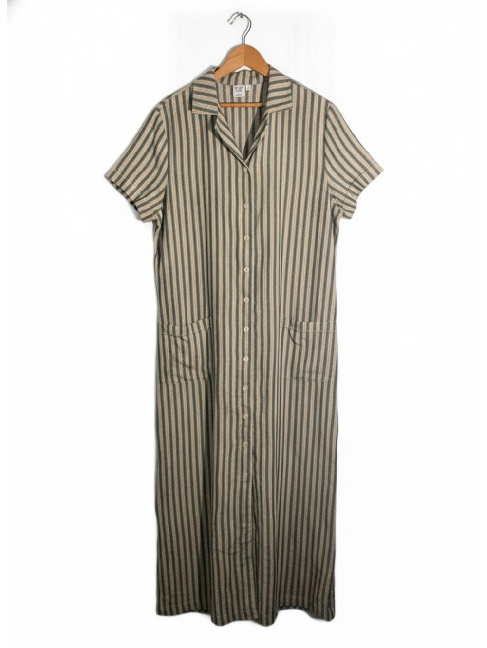 Garnet Hill Striped 100% Linen Button-Front Maxi Dress  Pockets Size 16